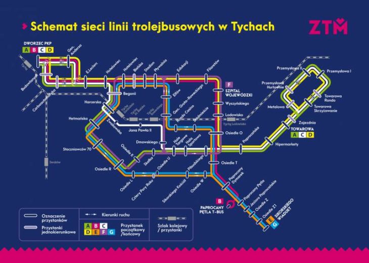 Schemat tyskiej sieci trolejbusowej. Źródło: ZTM Tychy